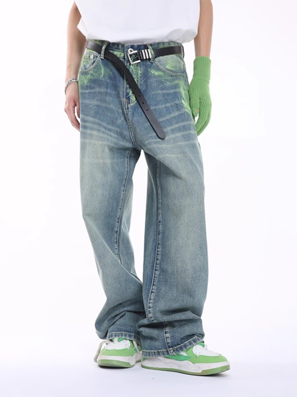 VOGUO RELAY NICHE DESIGN PAINTED DIRTY PANTS KOREAN STREETWEAR LOOSE STRAIGHT-LEG GRAFFITI JEANS