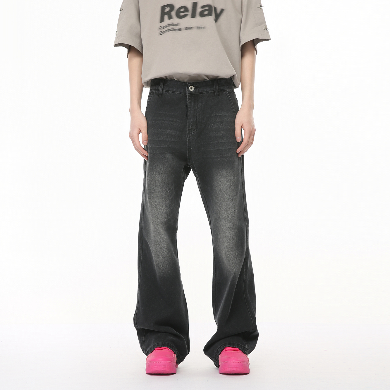 Voguo Relay 韩版简约基础款水洗牛仔裤中腰百搭显瘦牛仔微喇裤