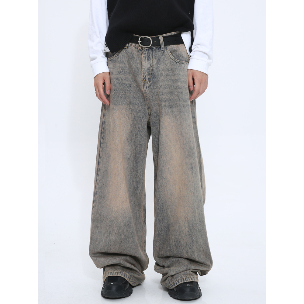 Voguo Relay 韩风宽松直筒锈黄水洗中腰休闲拖地牛仔裤男女阔腿裤