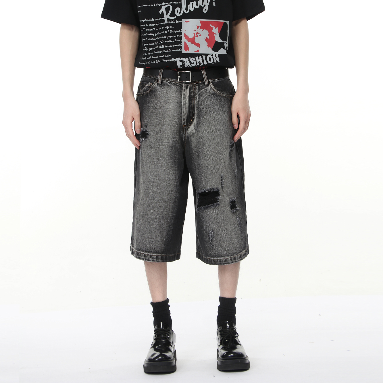 Voguo Relay 夏新品阔腿7分牛仔裤男女宽松破洞休闲黑灰牛仔短裤