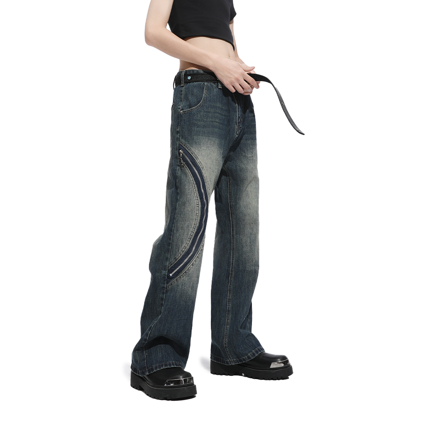 Voguo Relay 小众设计弯刀拉链微喇叭牛仔裤潮牌vibe宽松裤男女