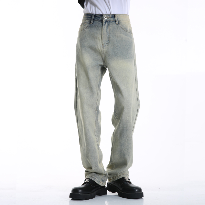 Voguo Relay 泥黄色水洗做旧宽松直筒休闲中腰显瘦牛仔裤男女同款