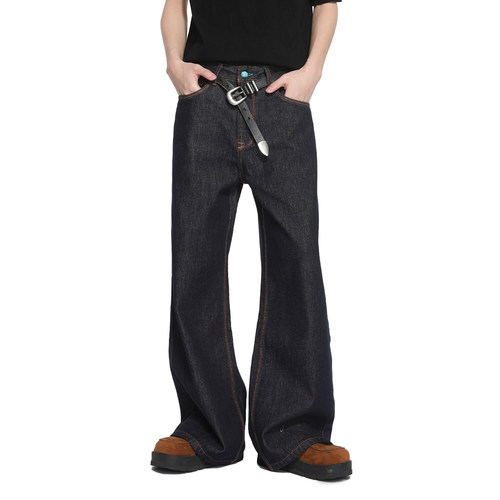 彩色线三本针仿宝石纽扣牛仔裤