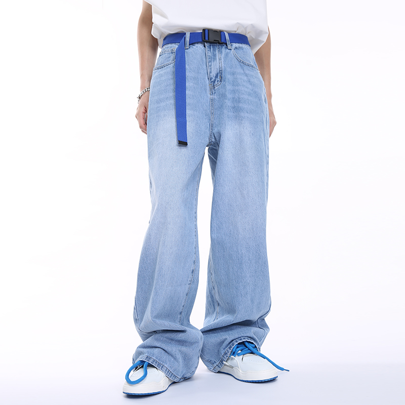 Voguo Relay简约浅蓝色水洗宽松直筒baggy牛仔裤中加长阔腿拖地裤