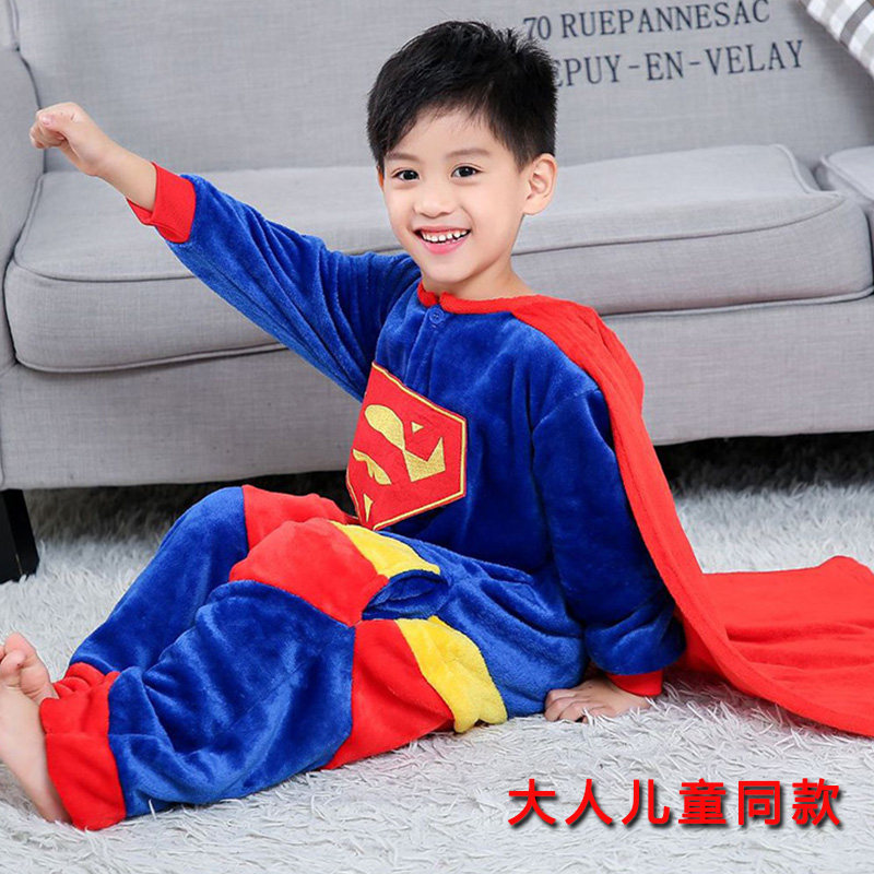 超人睡衣大人男女孩儿童带披风珊瑚绒冬沙雕可爱家居服亲子奥特曼