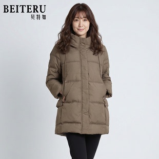 贝特如中老年女装卡其色羽绒服中长款连帽保暖冬装外套妈妈装ES