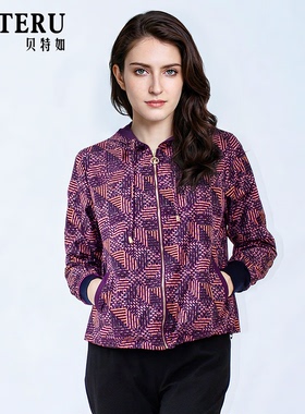 贝特如春季中老年女装紫色连帽外套拉链开合风衣休闲时尚妈妈装EF