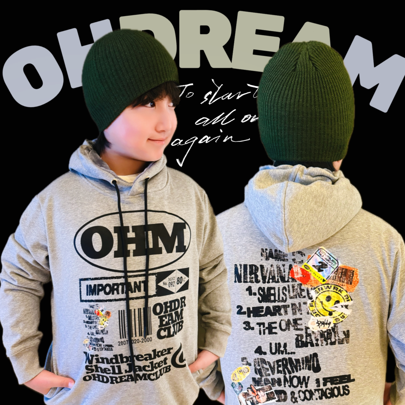 OHDREAM童装灰色涂鸦笑脸经典卫衣亲子帽衫
