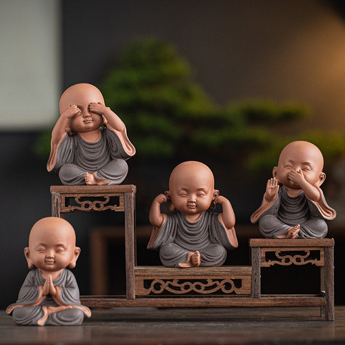 禅意紫砂四不小和尚茶宠摆件