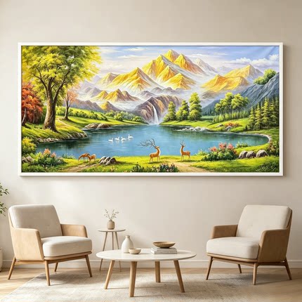 手绘油画风景太阳山水青山聚宝盆欧式客厅装饰画沙发背景墙挂画