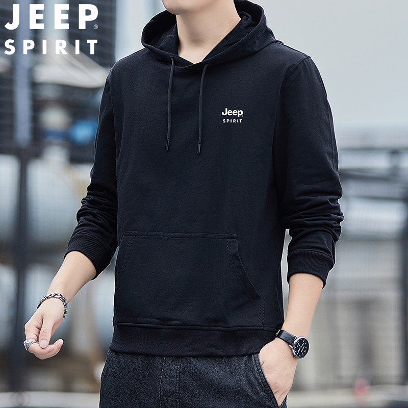 JEEP/吉普春秋季男士连帽套头卫衣纯棉薄款宽松休闲运动百搭上衣