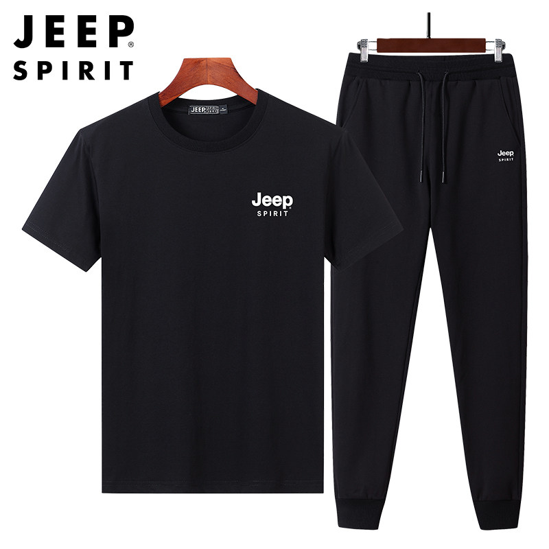 JEEP/吉普夏季薄款宽松纯棉休闲运动套装男短袖t恤休闲长裤两件套