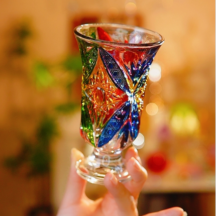 水晶杯彩色浮雕高脚款酒具酒杯果汁杯