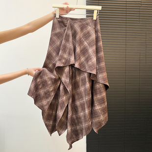 复古咖色格纹蛋糕裙女设计感不规则半身裙女小个子显瘦气质长裙