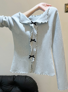 韩系蝴蝶结V领针织衫女浅蓝色木耳边修身打底衫温柔甜美风上衣潮