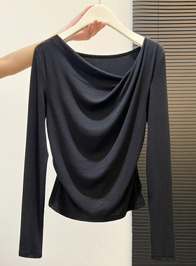 法式荡领斜肩长袖黑色T恤女修身显瘦褶皱气质通勤百搭打底衫上衣