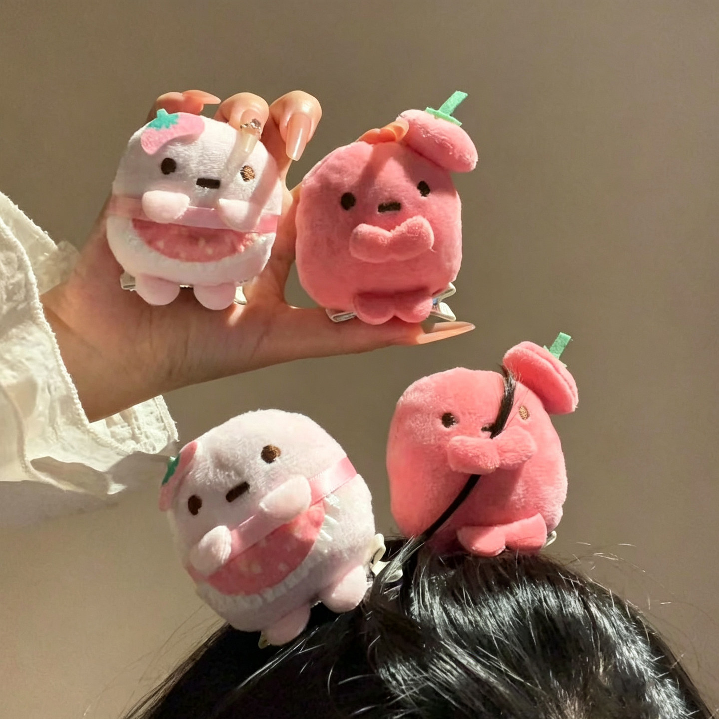 粉嫩草莓日系角落生物毛绒发夹卡通动物造型发饰可爱公仔玩偶夹子