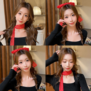 2025新款丝带高级感百搭红色波点丝巾女长条系脖发带复古头巾配饰