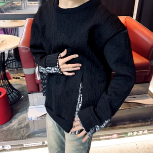 拼接男时尚 网红同款 轻奢长袖 宽松情侣同款 秋冬爆款 打底衫 潮流新款
