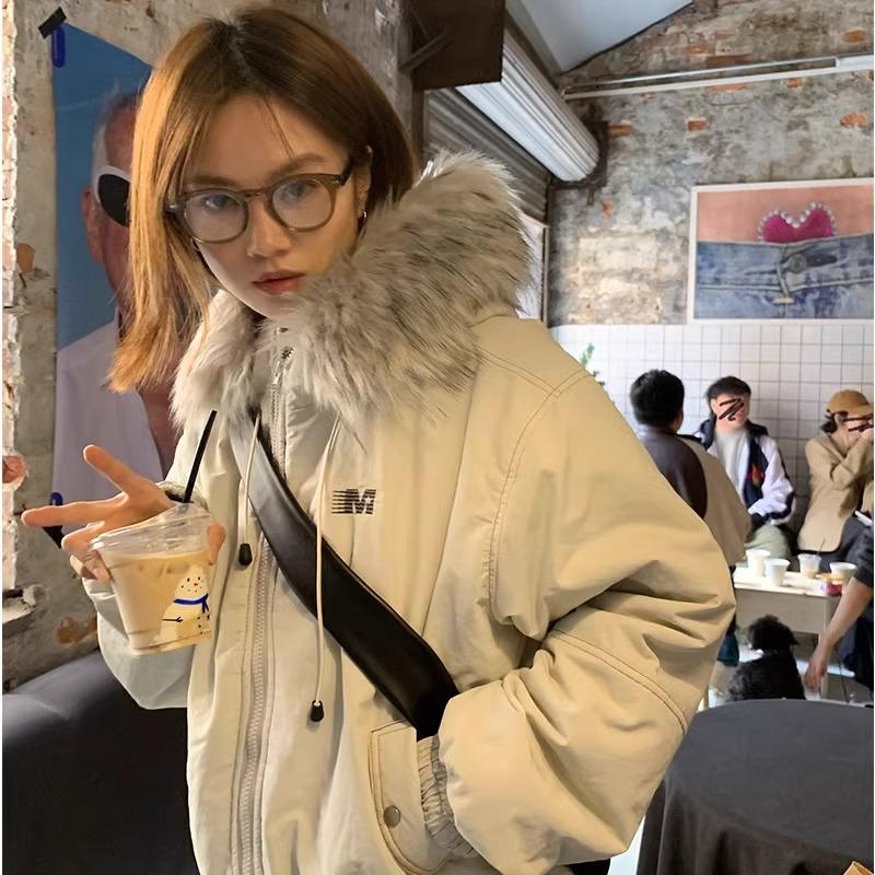美式大毛领连帽羽绒服女冬季宽松加厚棉衣短款90白鸭绒派克服外套