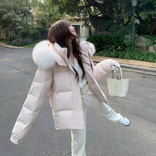 粉色大毛领连帽羽绒服女2026冬季中长款面包服90白鸭绒加厚外套