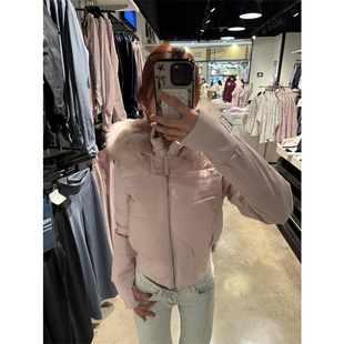 粉色大毛领羽绒服女短款2025冬季收腰显瘦轻薄保暖连帽白鸭绒外套
