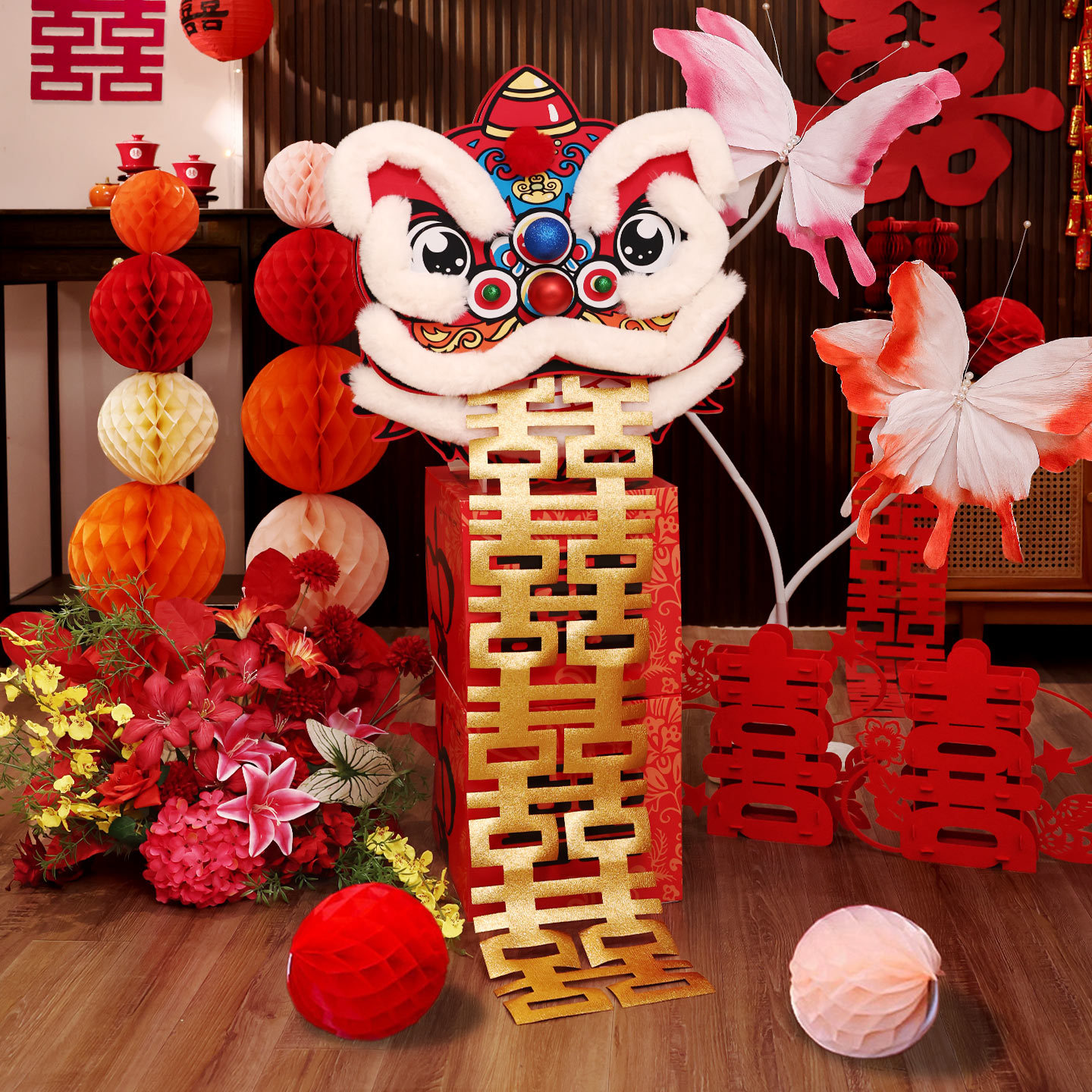 结婚醒狮布置婚房客厅狮子头摆件