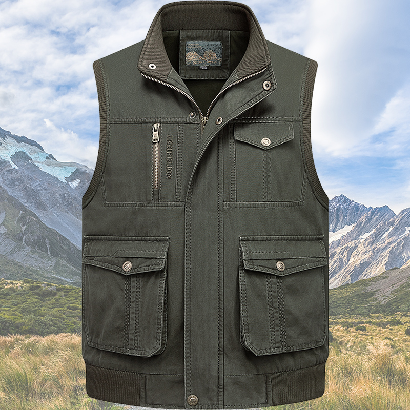 纯棉口袋马甲中老年男士全棉钓鱼