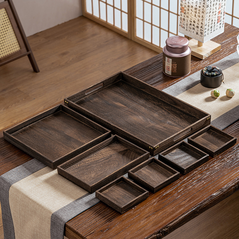 复古烧桐实木制式茶杯托盘长方形家用高级感餐具水果咖啡收纳盘子