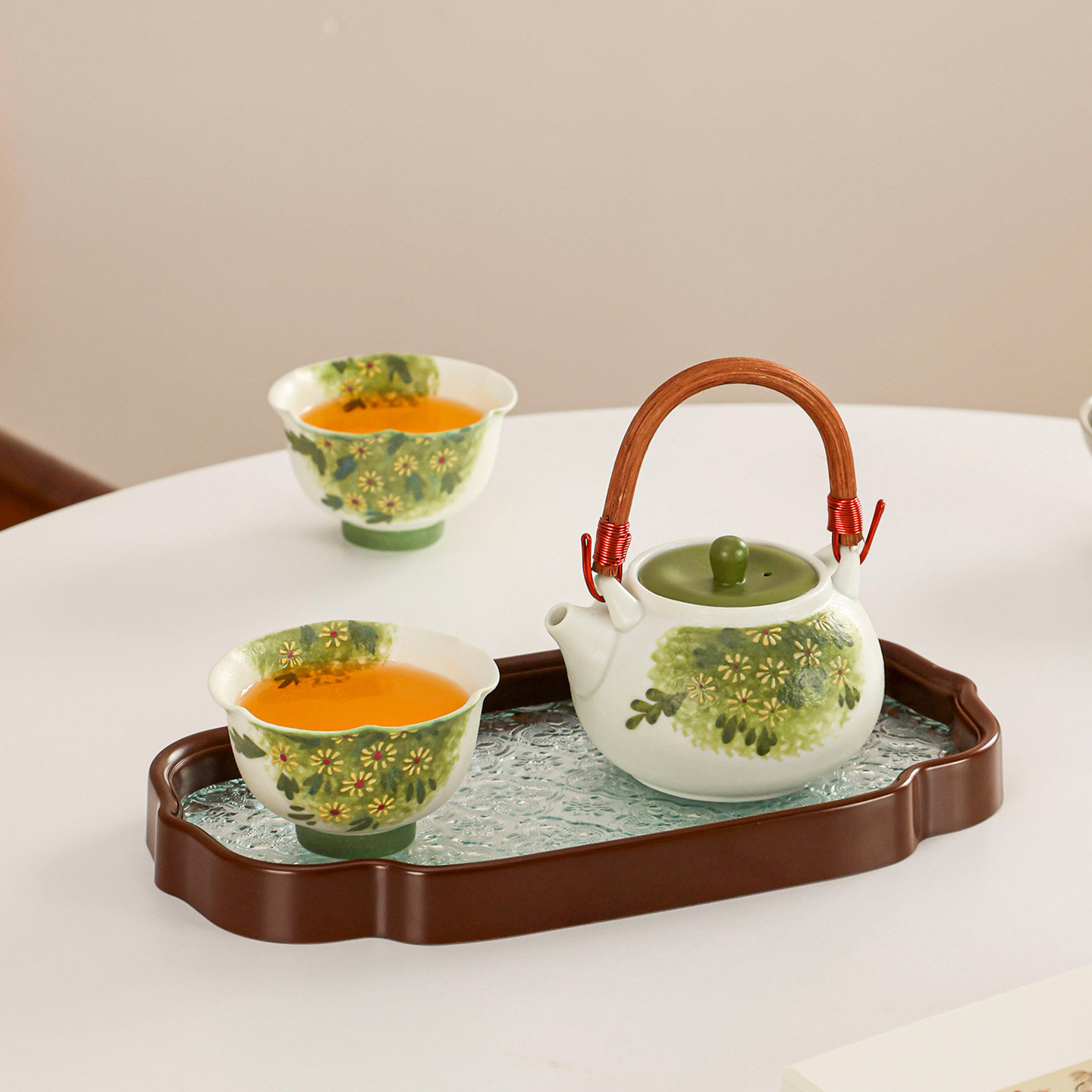 初伍新中式手绘青野雏菊藤编提梁壶茶杯茶盘茶壶家用功夫茶具套装
