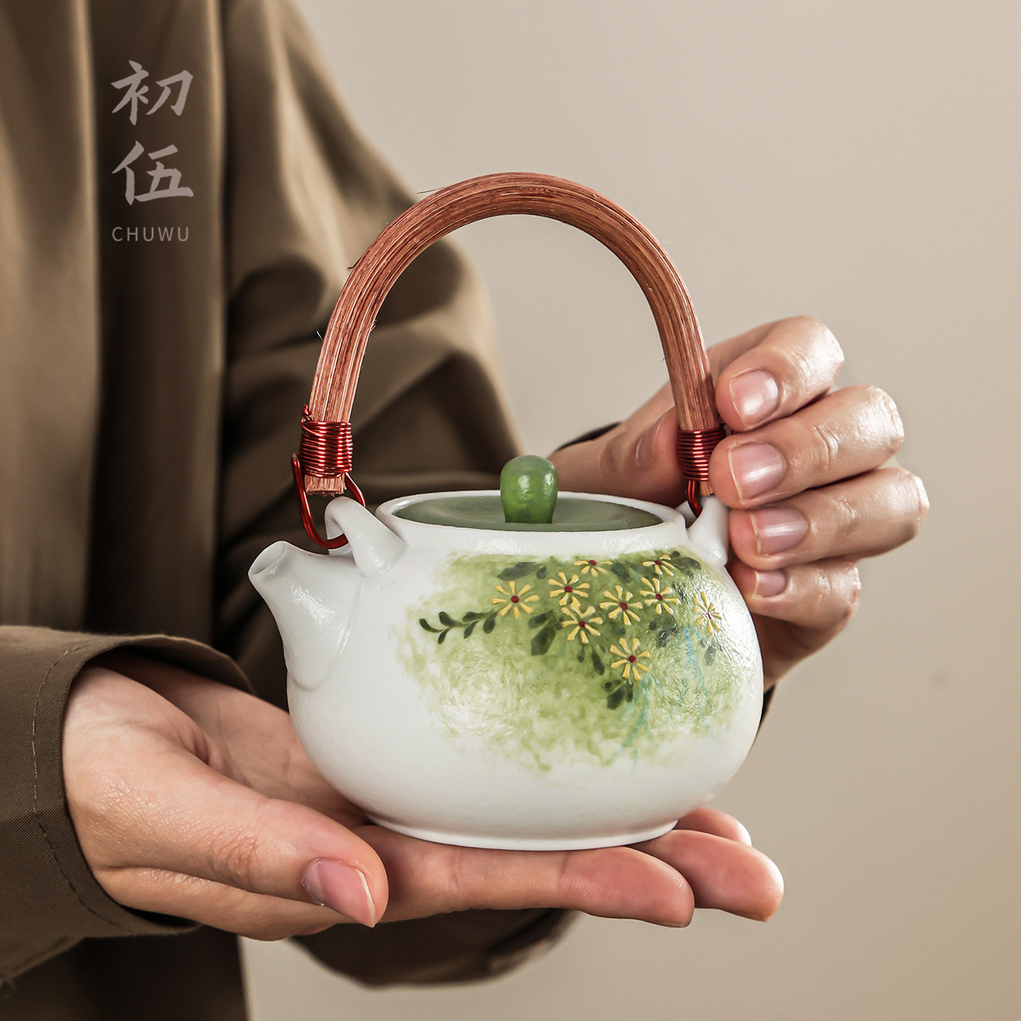 初伍手绘青野雏菊提梁壶中式国潮陶瓷泡茶器家用高颜值一人饮茶具