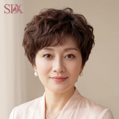 six全真人发丝中老年短卷发假发