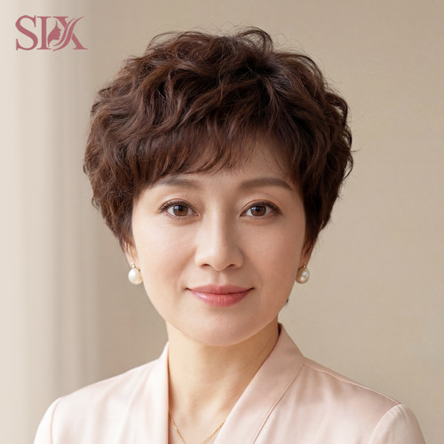 six全真人发丝中老年短卷发假发