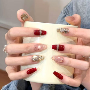【甜心暴击】新年爆闪波点追光猫眼红色香槟碎钻美甲纯手工穿戴甲