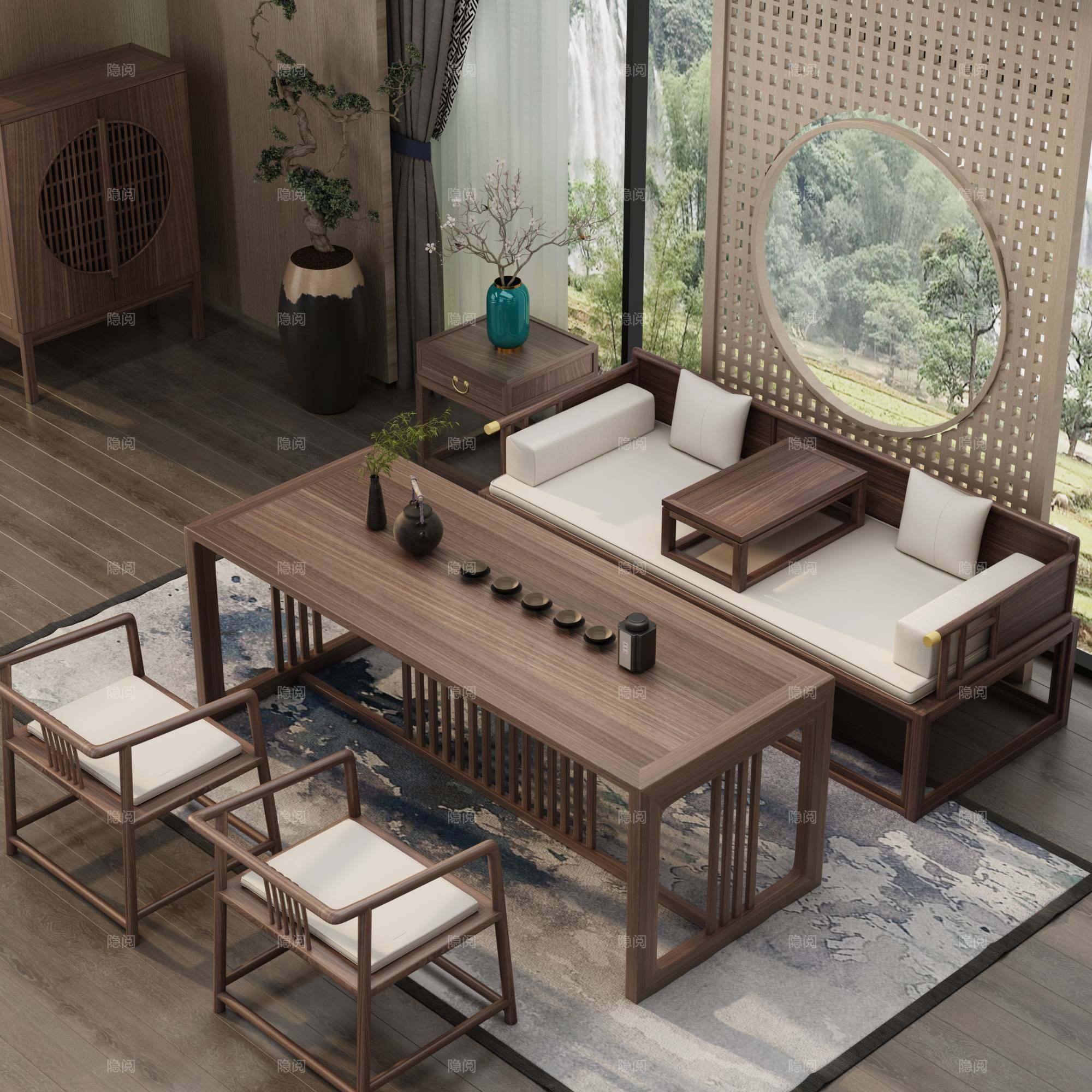 沙发床1119e新中式茶桌椅组合老榆木推拉罗汉床沙发实木罗汉榻现