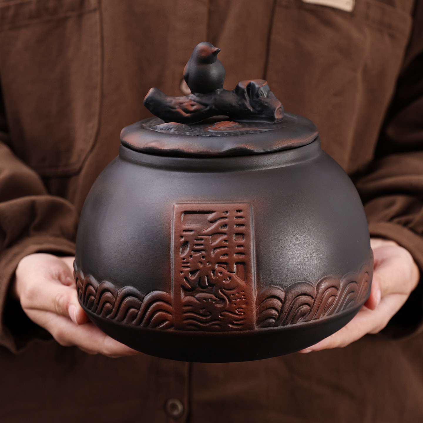 紫陶年年有鱼特大号茶叶罐云南茶叶密封储存陶罐功夫茶具紫砂摆件