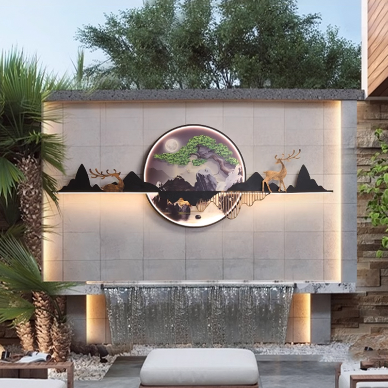 新中式壁灯室外太阳能山水画墙灯