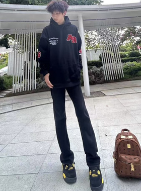 BBA200黑色微喇牛仔裤cleanfit白水洗国潮美式高街水洗长裤男女