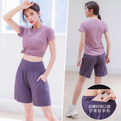 跑步女运动套装后口袋放手机速干