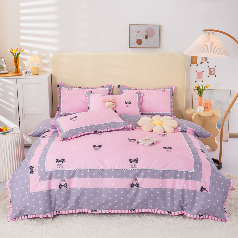 轻奢风新款韩版欧彩棉小碎花拼角四件套小清新洗水棉纯色花边床品