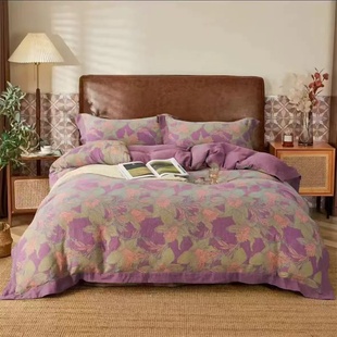 A类母婴全棉佰福双层纱四件套复古百花裸睡透气色织提花高级床品4