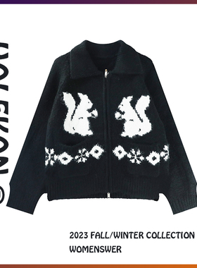 Hole Kon|古着vintage毛衣女秋冬慵懒风设计感小众黑色毛衣外套