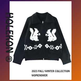 Hole 古着vintage毛衣女秋冬慵懒风设计感小众黑色毛衣外套 Kon