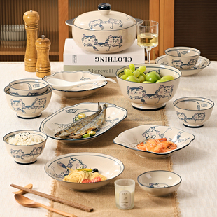 碗盘子家用陶瓷餐具可爱卡通釉下彩碗碟碗筷碗具碗菜盘深盘陶瓷盘