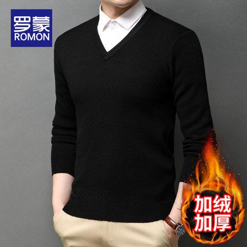罗蒙男装加绒加厚羊毛衫男秋冬季