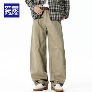 罗蒙纯棉工装休闲裤男款春秋季2026新款拼接宽松直筒百搭长裤子男