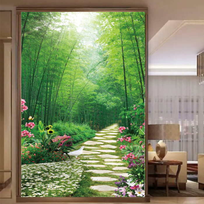 走廊过道玄关壁画竖版墙贴画竹林森林花园招财鹿客厅酒店装饰画图片