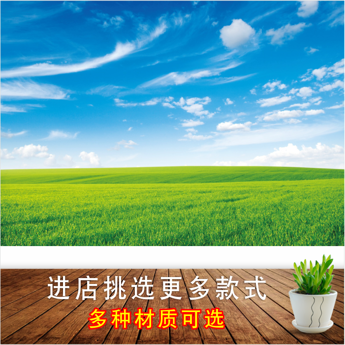 大草原墙贴画绿色草地风景画蓝天白云自然景色海报壁画宿舍壁纸