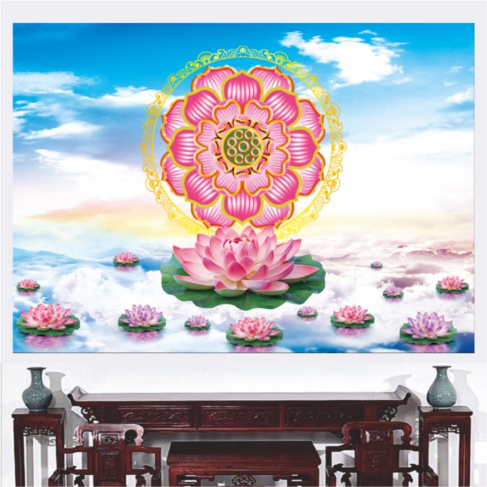佛堂背景壁画荷花莲花图神台背景画贴画佛堂仙堂文化用品装饰画