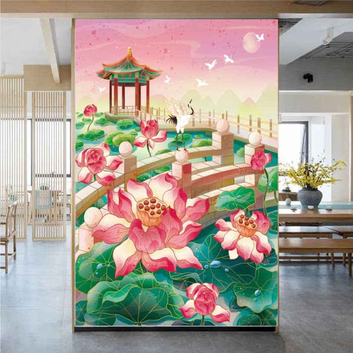 荷花荷叶墙贴画荷花图田园风景壁画客厅过道玄关装饰画莲花图贴纸